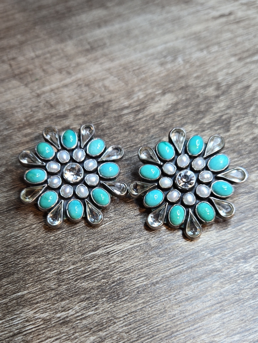 Federico Jimenez Sterling Silver Turquoise Pearl Cluster Clip-On Earrings 1.25”